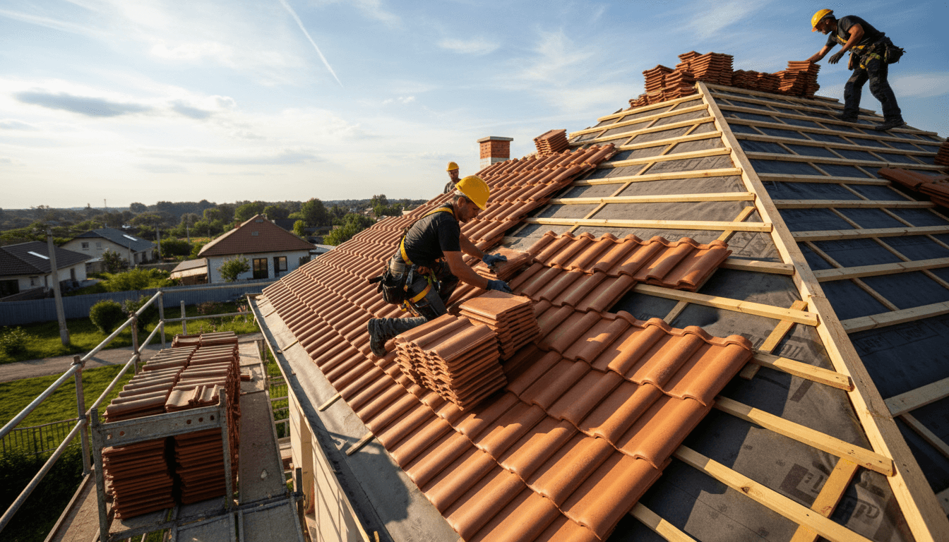 Couvreur au travail sur un toit en chantier