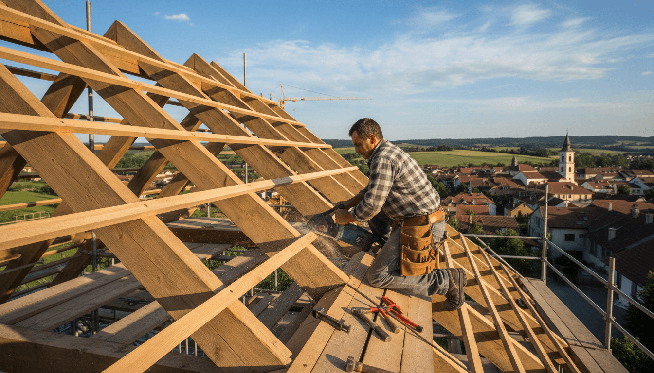 Artisan travaillant sur la charpente d'un toit en construction