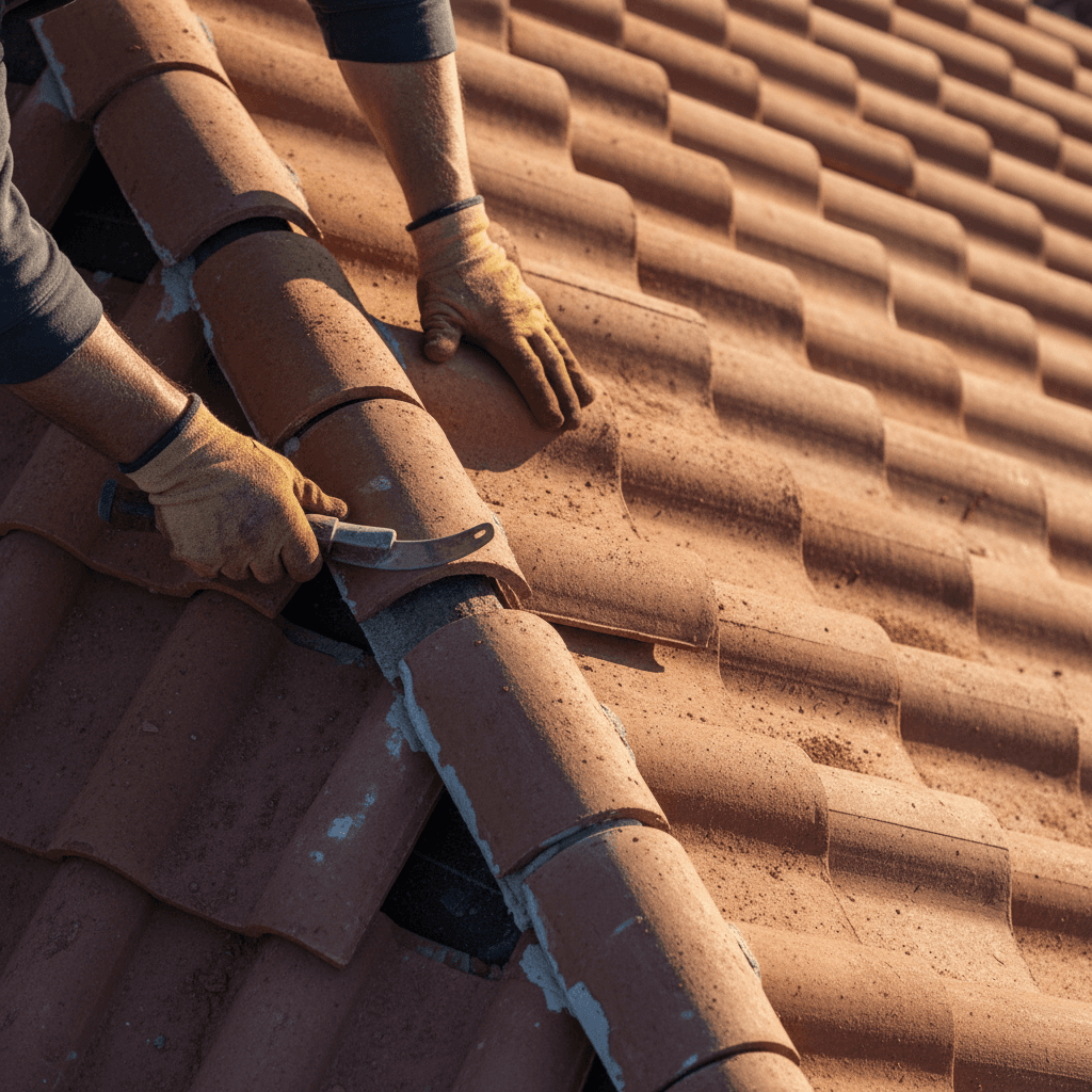 Couvreur posant des tuiles sur une toiture de maison