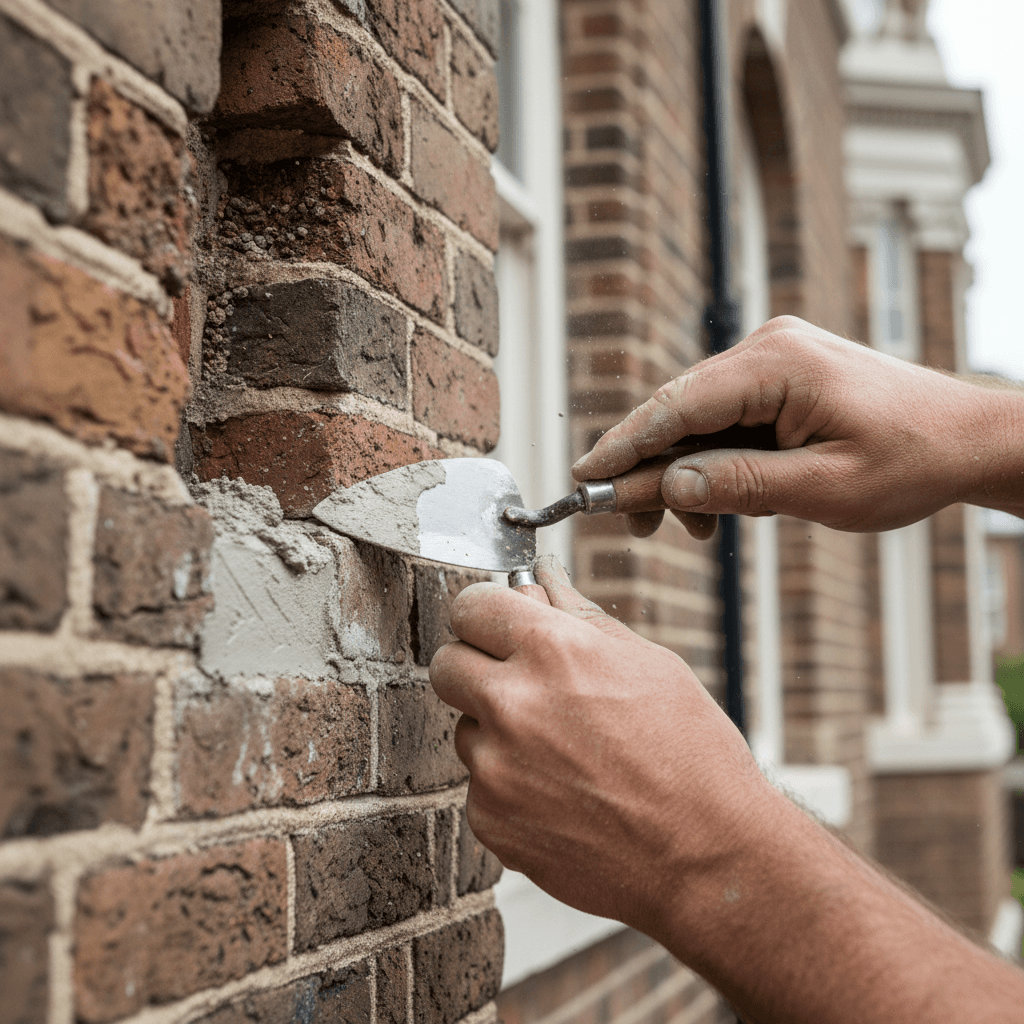 Mason's hands applying fresh mortar to brick joints using pointing trowel on historic facade