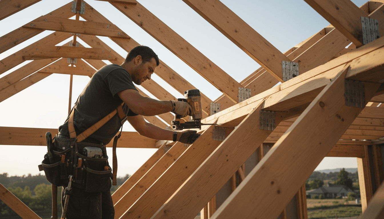 Menuisier installant des fermes de toit en bois sur un chantier de construction de maison résidentielle