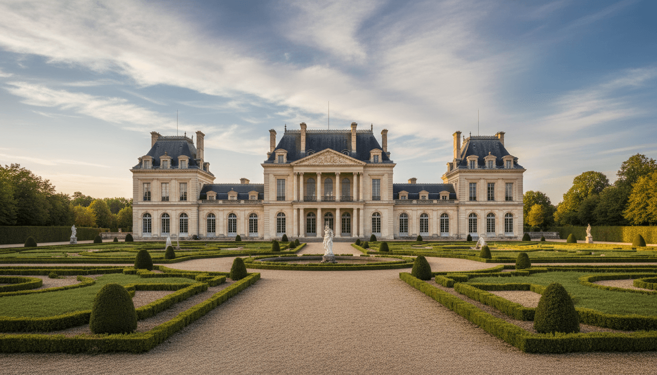 Façade de maison ancienne fraîchement ravalée, enduit crème lisse, encadrements pierre, jardin en contrebas, lumière du soir