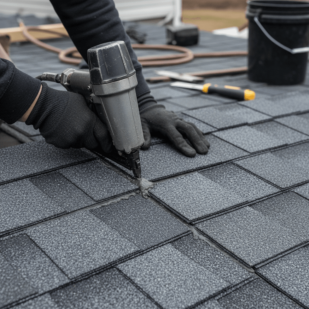 Détail de toiture: Velux encastré, gouttière zinc et solin plomb soignés, tuiles plates, photo de finition de chantier