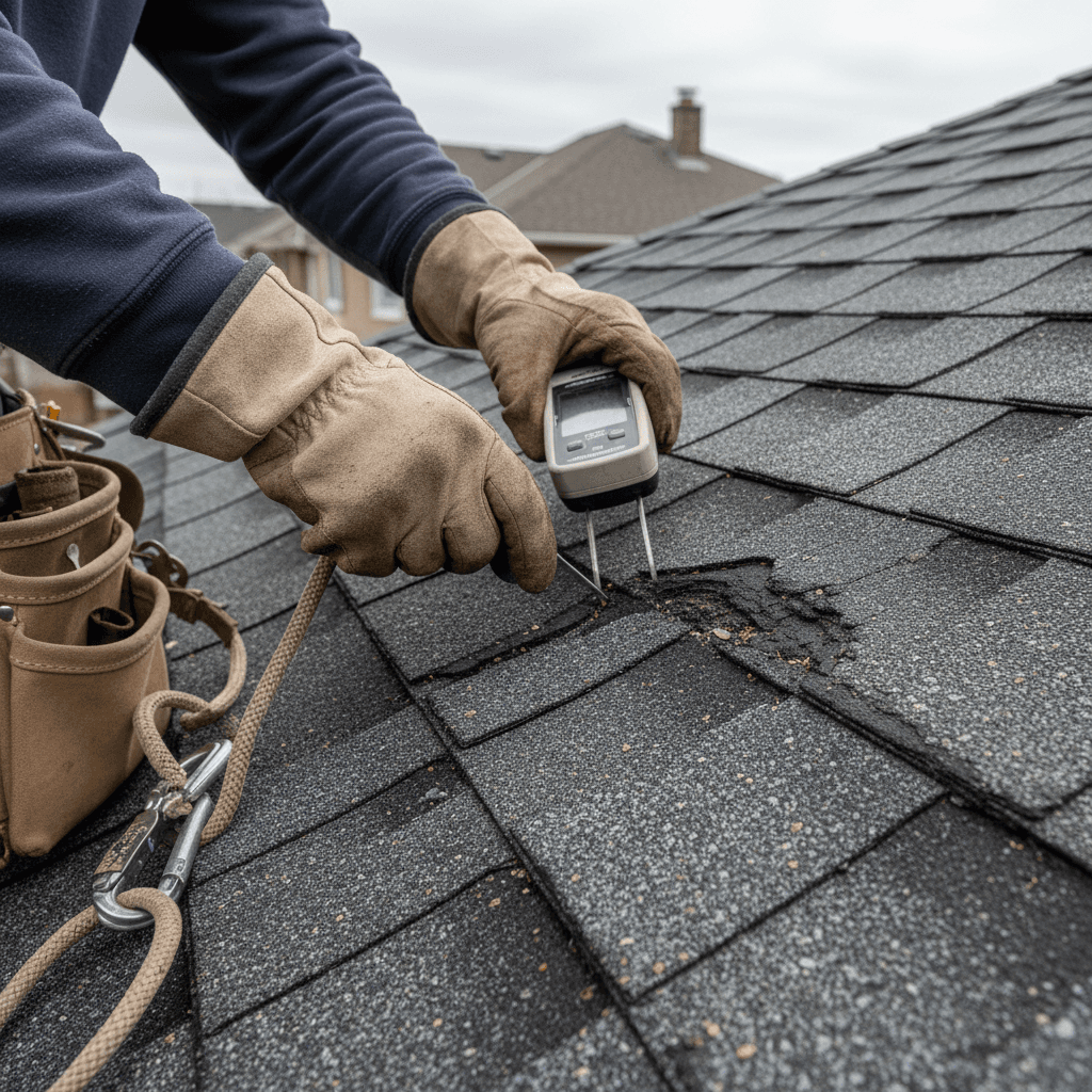 Roofing technician's hands inspecting damaged shingles with moisture meter tool under natural daylight
