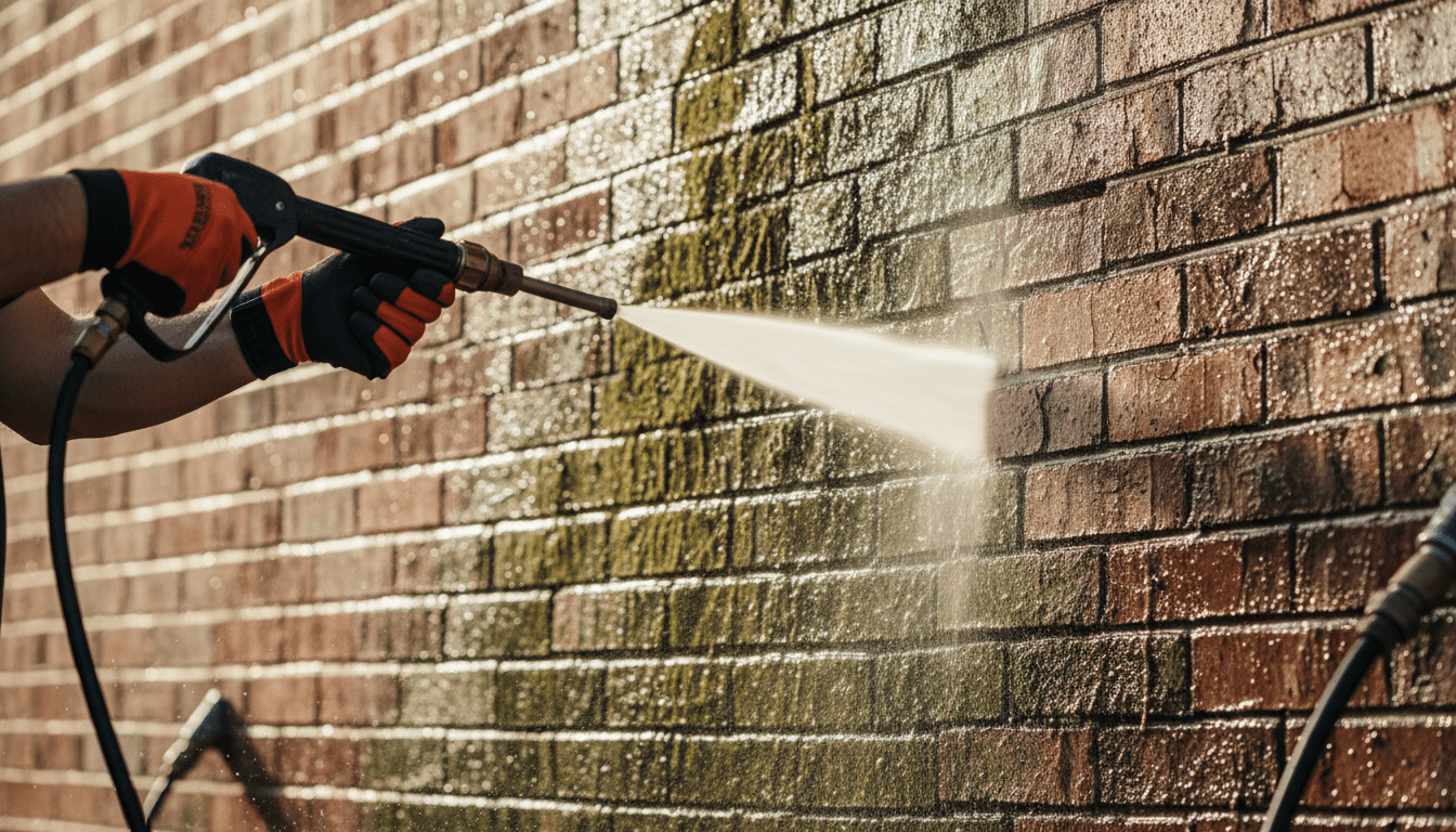 Nettoyage haute pression d'un mur extérieur pour retirer mousse et saleté