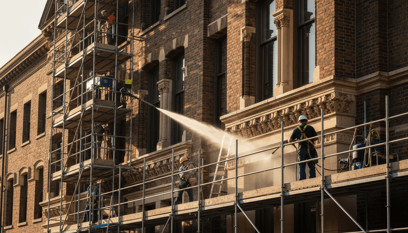 Façade de bâtiment rénovée avec briques propres et peinture fraîche