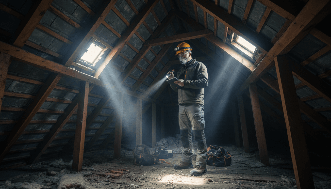 Artisan inspectant une charpente en bois dans un chantier